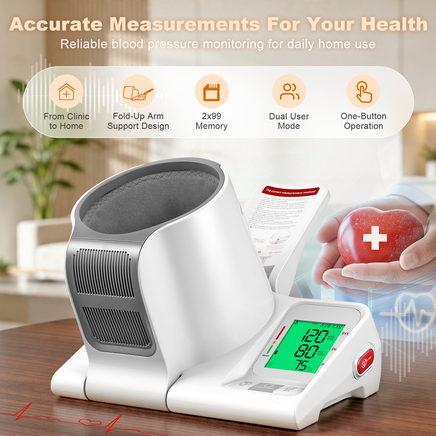 52HZ Barrel-Type Blood Pressure Monitor, One-Touch Upper Arm Blood Pressure Monitors for Home Use, Auto-Fit Wide Range 7.1"-16.5" Blood Pressure Machine, 3-Color Backlight, 2 Users 2×99 Memory
