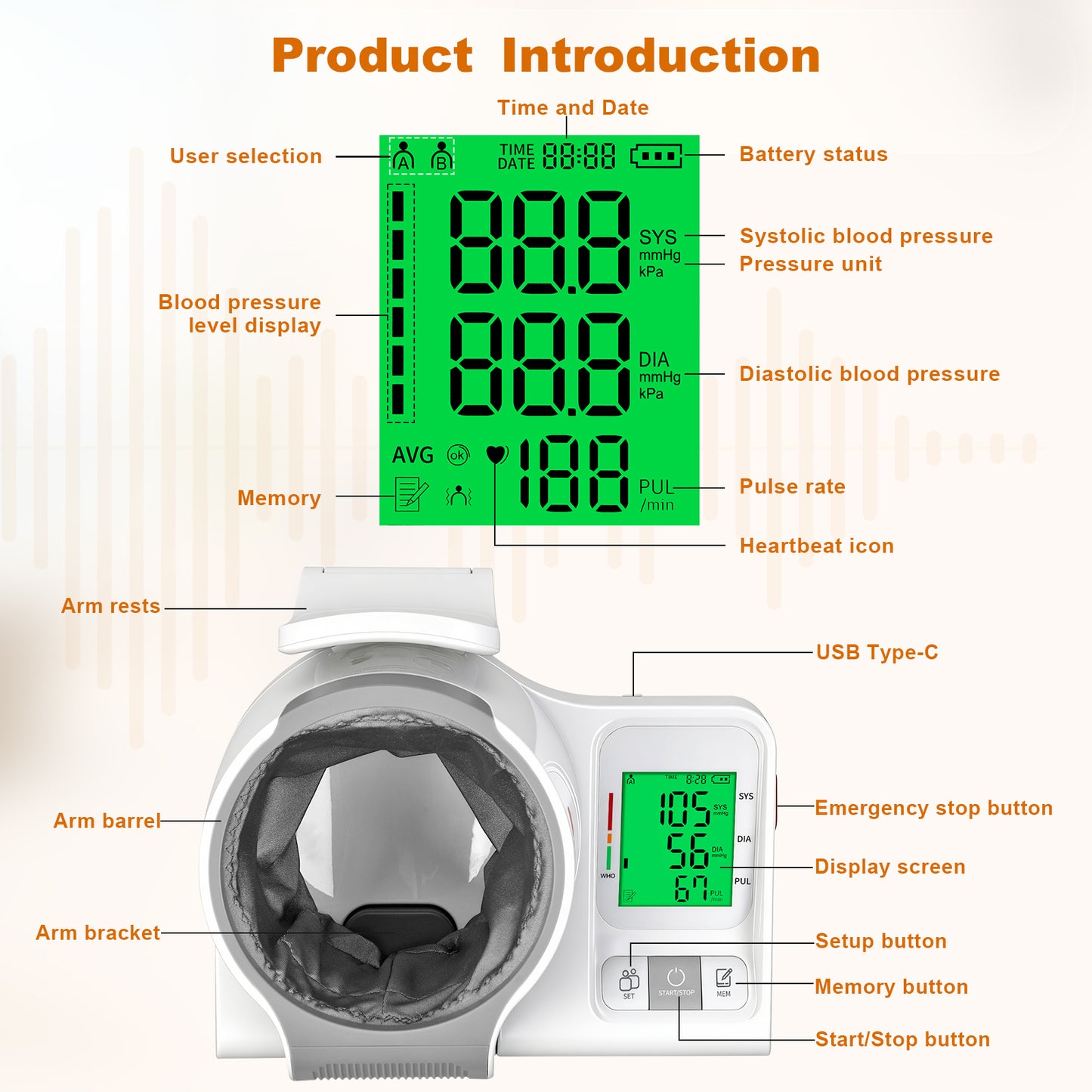 52HZ Barrel-Type Blood Pressure Monitor, One-Touch Upper Arm Blood Pressure Monitors for Home Use, Auto-Fit Wide Range 7.1"-16.5" Blood Pressure Machine, 3-Color Backlight, 2 Users 2×99 Memory